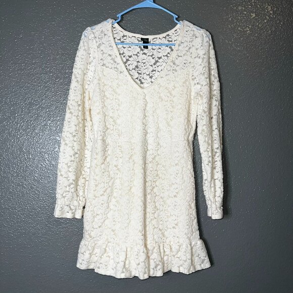 Wild Fable Ivory Lace Long Sleeve Mini Dress Medium Boho Ruffle Hem - Picture 1 of 9